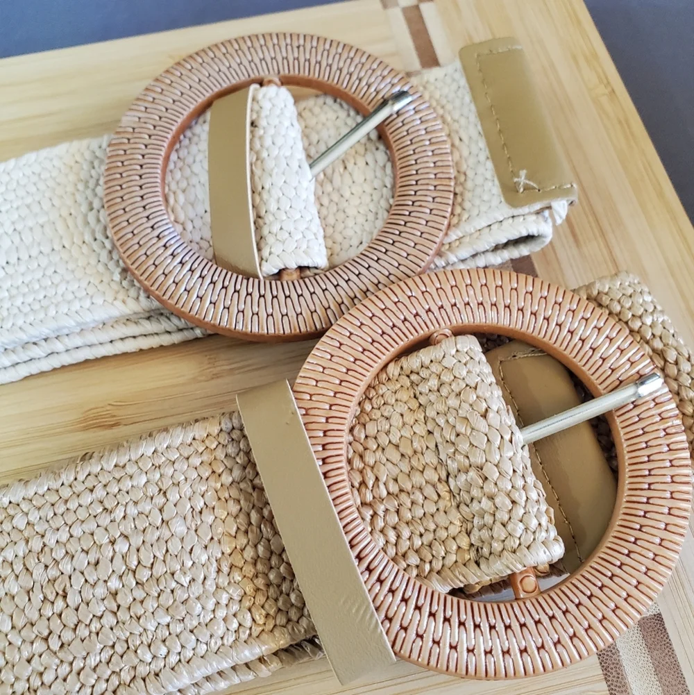 2Pcs Buckle Braided Straw Belts